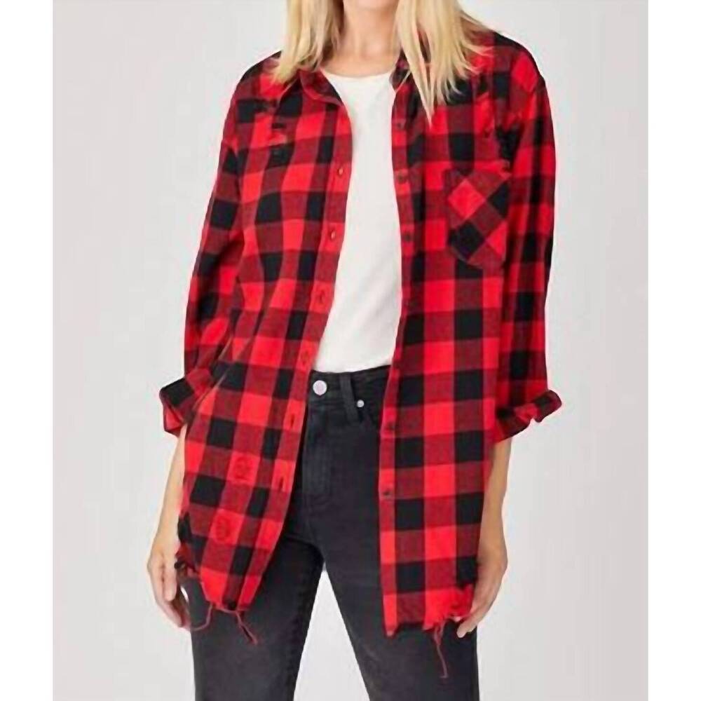 NEW RISEN just checkin' long distressed flannel button-down in red, black